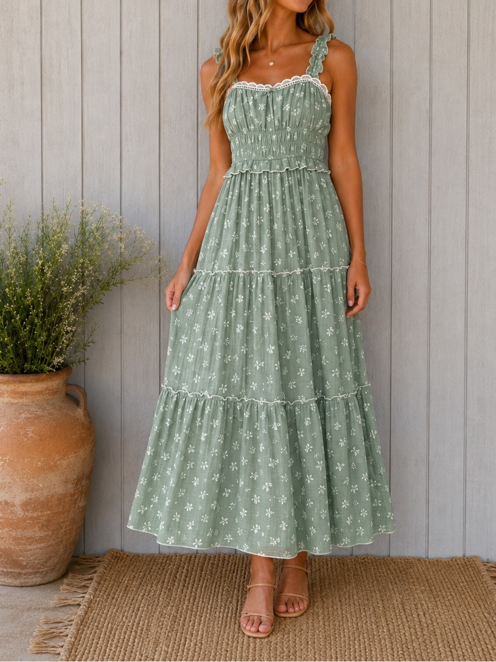 Trixxi Sage Green Embroidered Floral Smocked Maxi Dress Small Cottagecore Boho